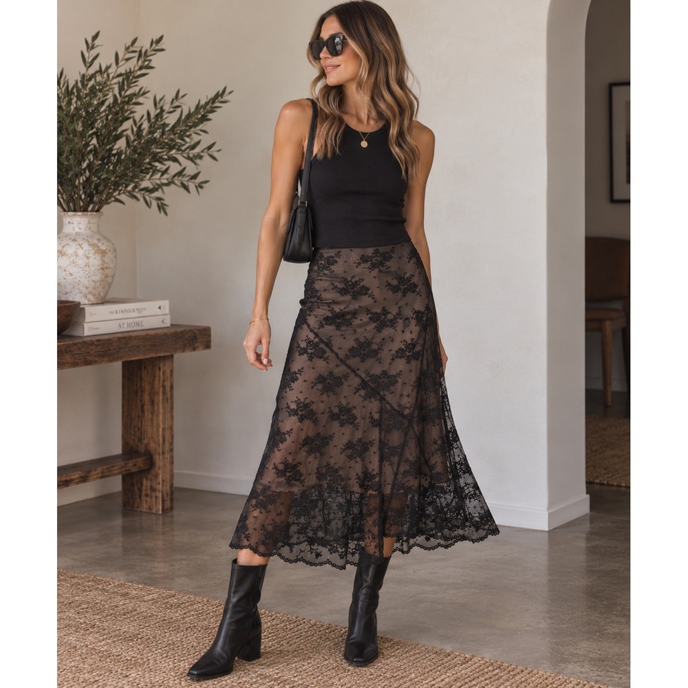 Odille Lace Midi Skirt Size S Black Floral Whimsigoth Fairycore Dark Romantic